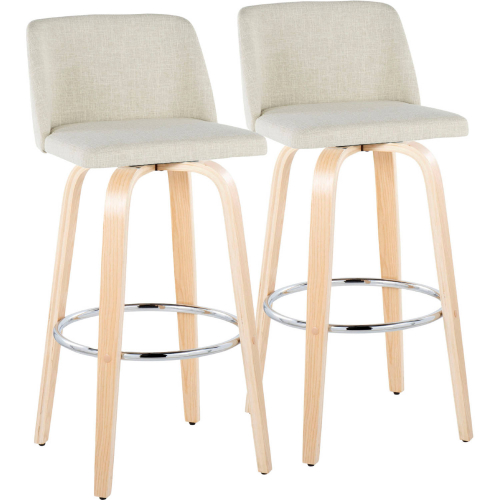 Toriano 30" Swivel Bar Stool in Natural Wood & Cream Fabric w/ Chrome Footrest (Set of 2)